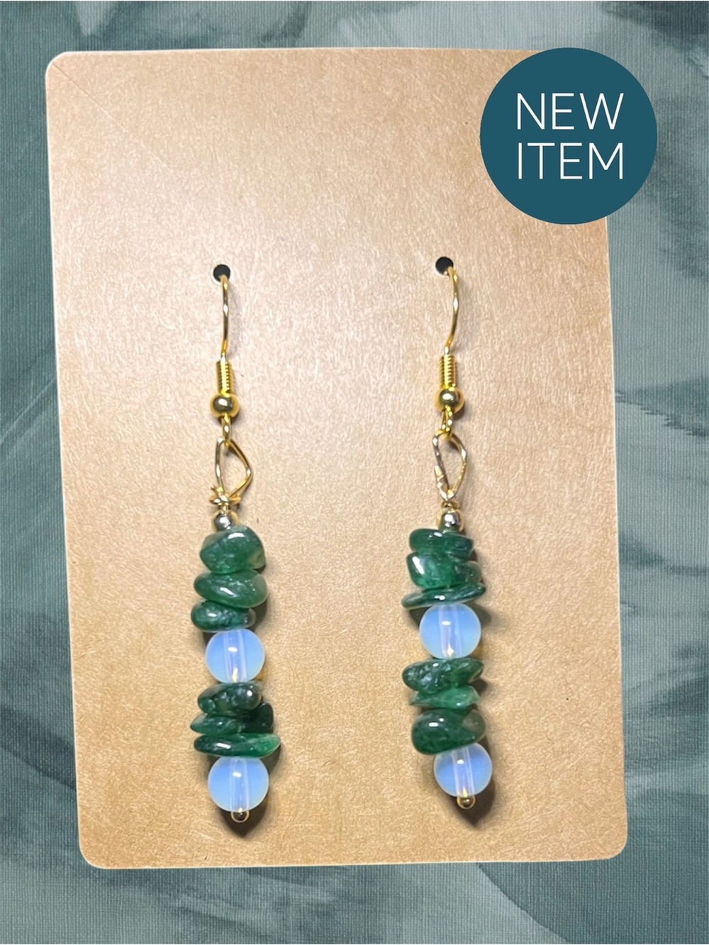 New Handmade Dangle Earrings with Jade Stone Chips and Opalite Beads